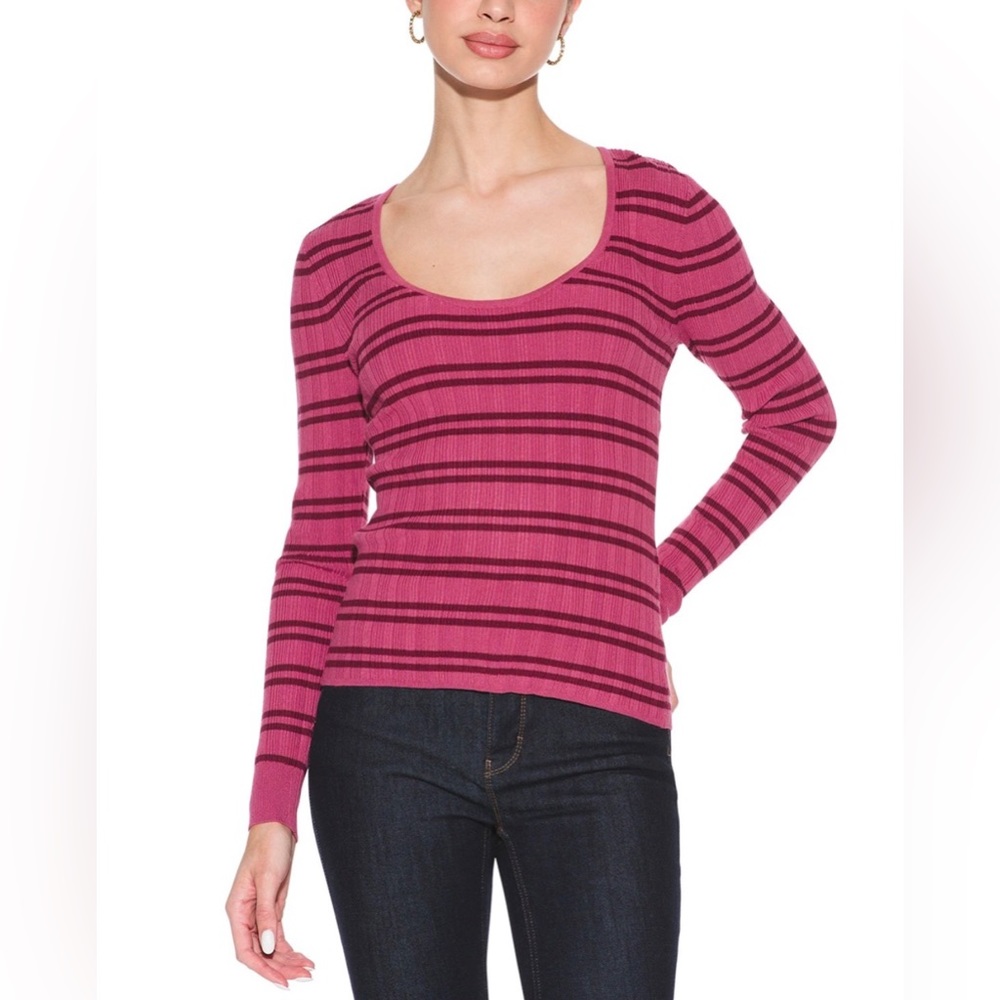 White House Black Market Ribbed Long Sleeve Striped Scoop Neck Pullover - Large
